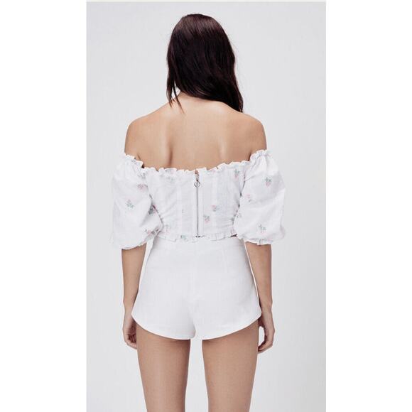 FOR LOVE & LEMONS Rainey Crop Top IVORY XS Eyelet Puff Sleeve Lace-Up - Picture 4 of 9